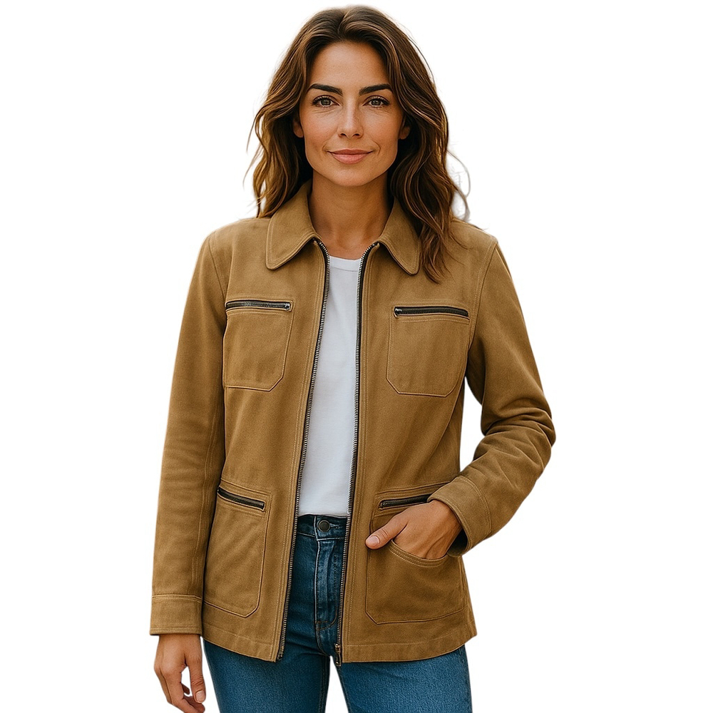 I.E Relaxed Jacket Womens L Tan Suede Leather Full Zip Utility Pockets Outdoor